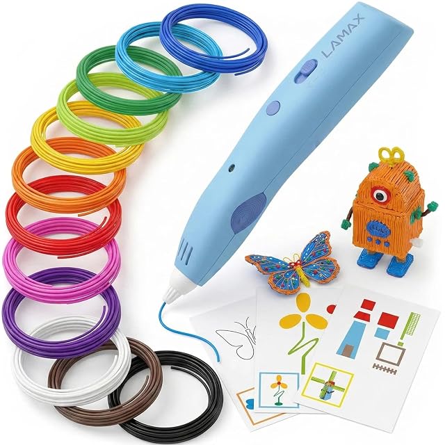 Stylo 3D sans fil bleu Lamax ArtKid1 avec des bobines de filament coloré