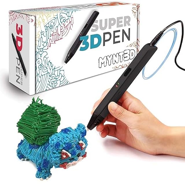 Stylo MYNT3D Super 3D Pen, stylo noir fin tenu en main à côté de sa boîte