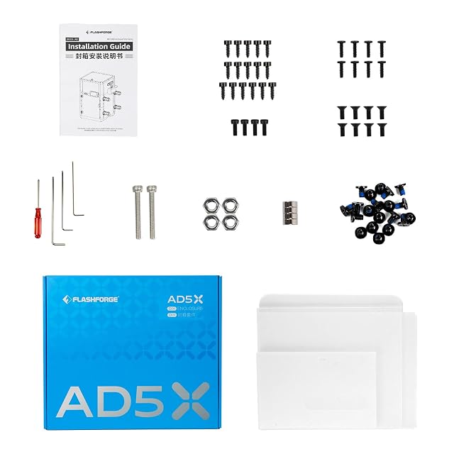 Pièces du kit de caisson Flashforge AD5X : panneaux, vis, outils et guide de montage