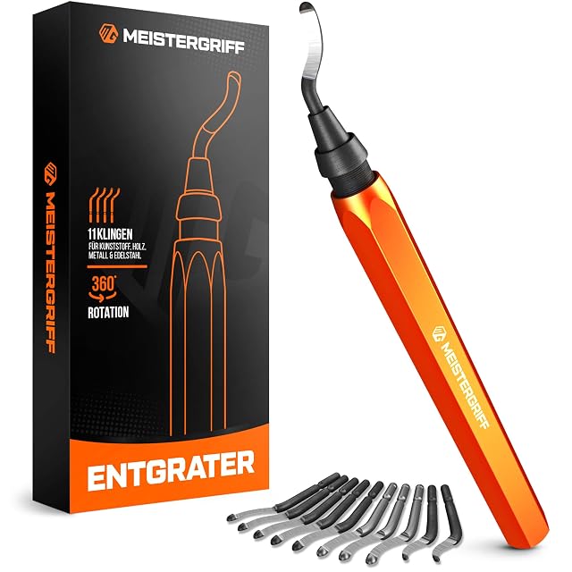 Ébavureur orange MEISTERGRIFF avec une lame montée, dix lames de rechange et sa boîte noire marquée Entgrater