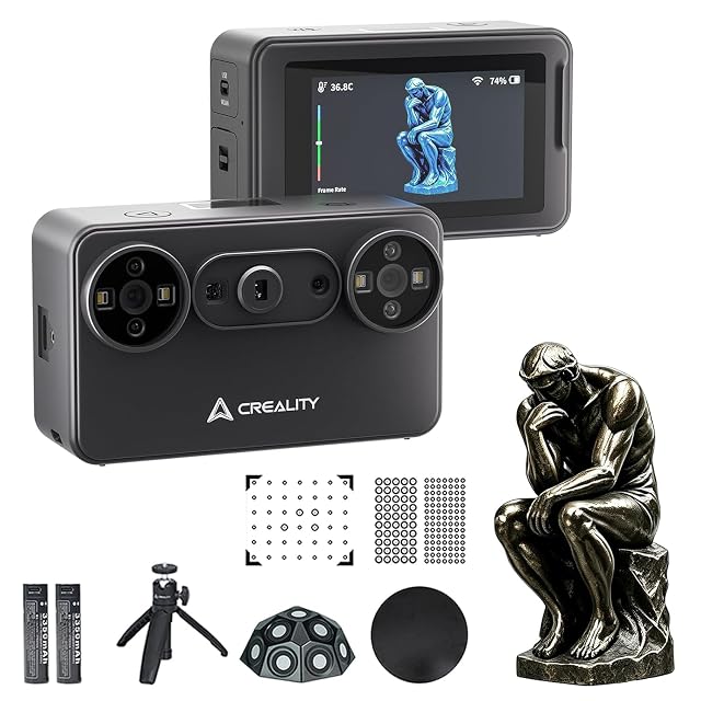 Scanner 3D compact Creality Pika avec son écran, ses batteries et son trépied