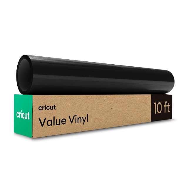 Rouleau noir sur une boîte Cricut en kraft marquée Value Vinyl, 10 ft