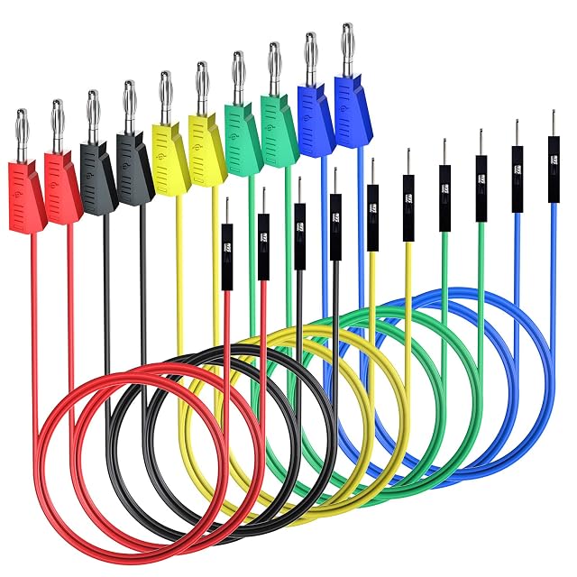 Dix cordons silicone par paires rouge, noir, jaune, vert et bleu, fiches banane empilables à un bout et broches à l’autre