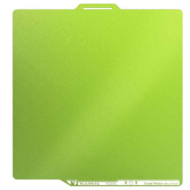 Plateau vert YOOPAI marqué PLA/PETG et Cool Plate Ultra Tack sur son bord avant