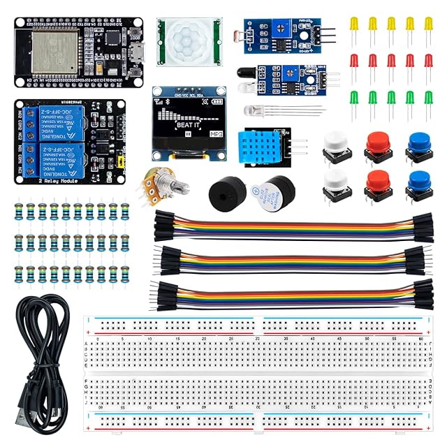 Pièces du kit de démarrage de base LAFVIN ESP32 avec carte, plaque d’essai et modules