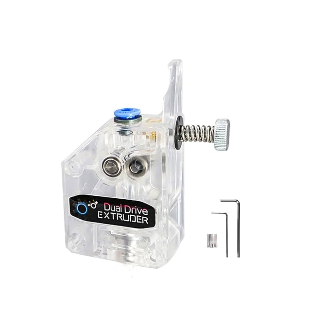 Extrudeur transparent marqué Dual Drive Extruder, deux pignons visibles à l’intérieur, avec vis de tension, ressort et deux clés hexagonales