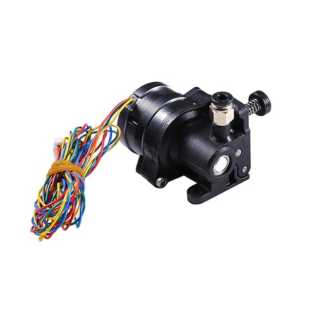 Extrudeur direct compact noir avec moteur rond, fils colorés, molette de tension et raccord instantané