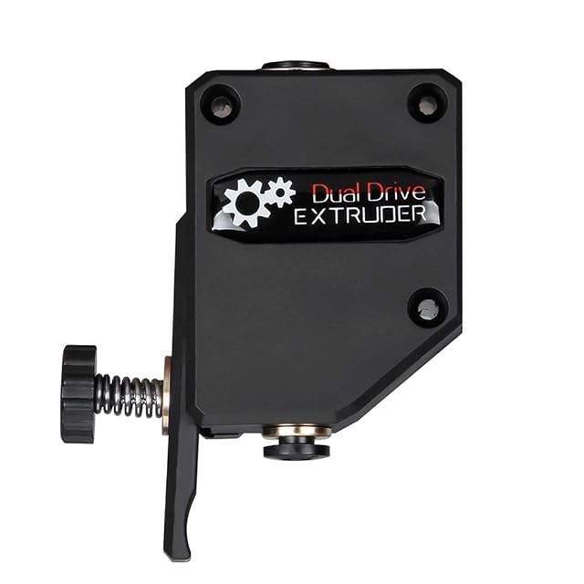Extrudeur noir marqué Dual Drive Extruder, avec une molette de tension moletée sur ressort