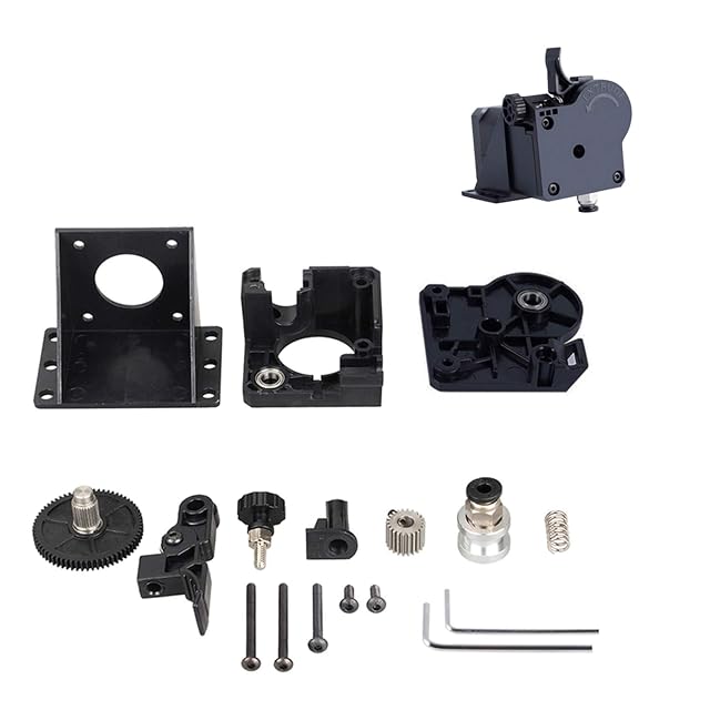 Kit d’extrudeur de type Titan en pièces — support, demi-boîtiers, grand pignon, pignon d’entraînement, molette, ressort, raccord, vis, clés hexagonales — à côté de l’unité montée