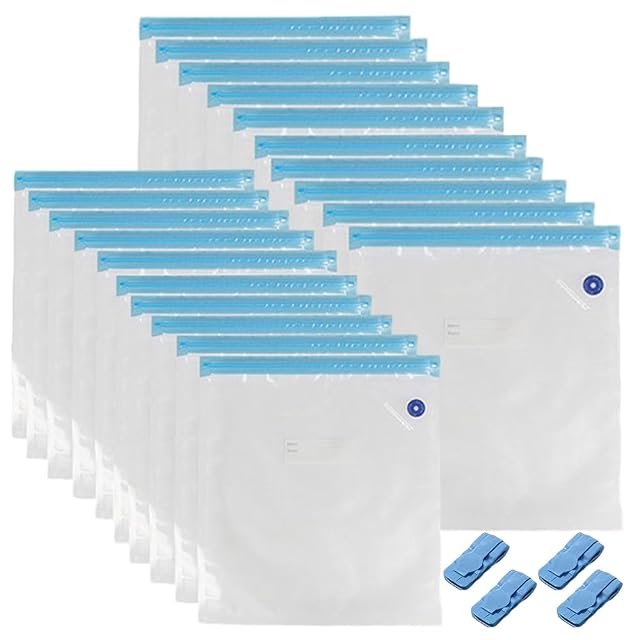 Vingt sachets transparents à zip bleu, deux piles de dix, chaque sachet de devant avec une valve ronde, et quatre clips bleus