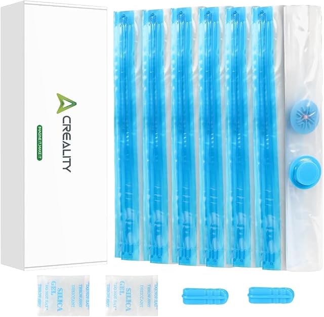 Boîte Creality à côté de sachets pliés à zip bleu, d’une valve ronde avec bouchon, de deux sachets de gel de silice et de deux curseurs de zip bleus