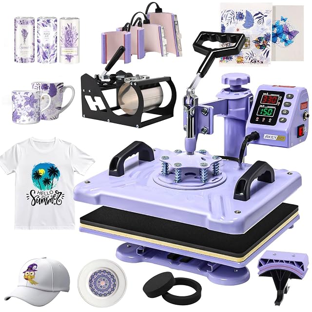 Presse à chaud pivotante AKEYDIY 5 en 1 avec accessoires pour mug, casquette et assiette