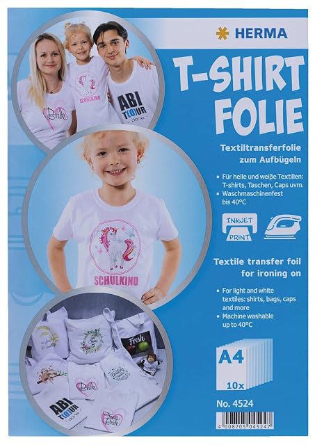 Paquet HERMA T-Shirt Folie, A4 10 feuilles, n° 4524, marqué impression jet d’encre et lavable en machine jusqu’à 40 °C