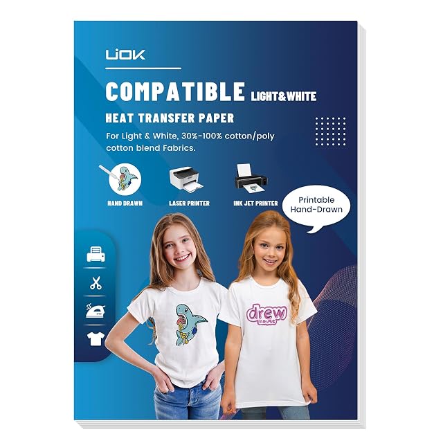 Paquet de papier transfert UIOK pour tissus clairs et blancs de 30–100 % coton, avec des icônes dessin à la main, laser et jet d’encre
