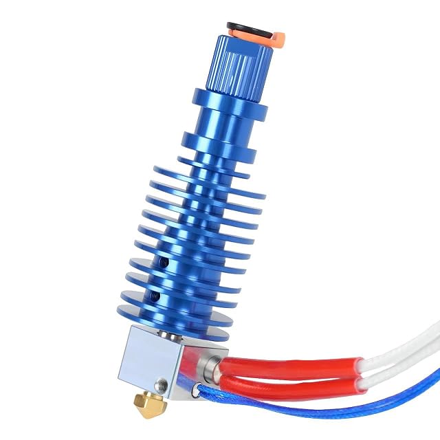 Tête chauffante bleue à ailettes avec bloc de chauffe argenté, buse en laiton, fils de chauffe gainés de rouge et câble de thermistance tressé bleu