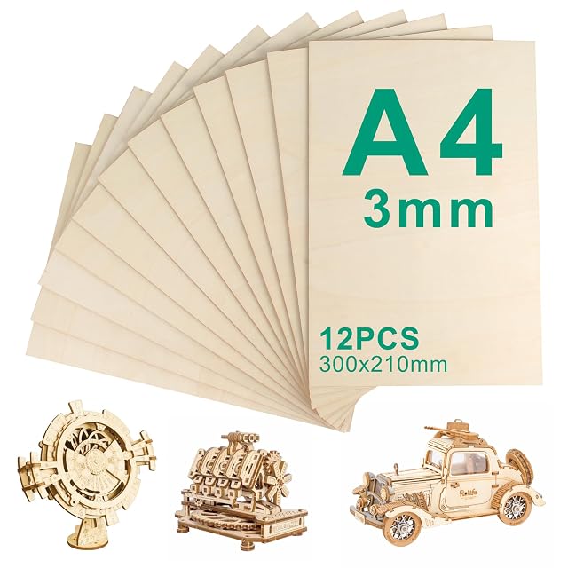 Plaques de contreplaqué en éventail marquées A4 3mm 12PCS 300 × 210mm, avec des kits de maquettes en bois
