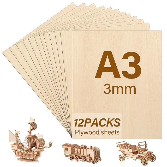 Plaques de contreplaqué en éventail marquées A3 3mm 12PACKS, avec un bateau, un train et une voiture en bois