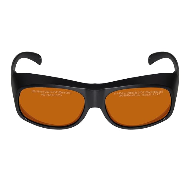 Monture LaserPair à porter par-dessus des lunettes, verres orange imprimés de bandes de longueurs d’onde, de valeurs OD et de marquages DIRM LB