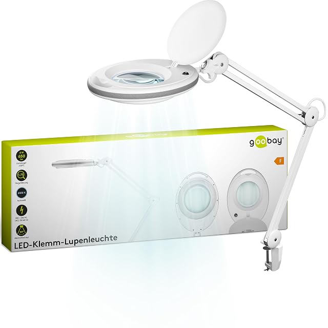 Lampe loupe blanche goobay avec lentille ronde et bras à double articulation