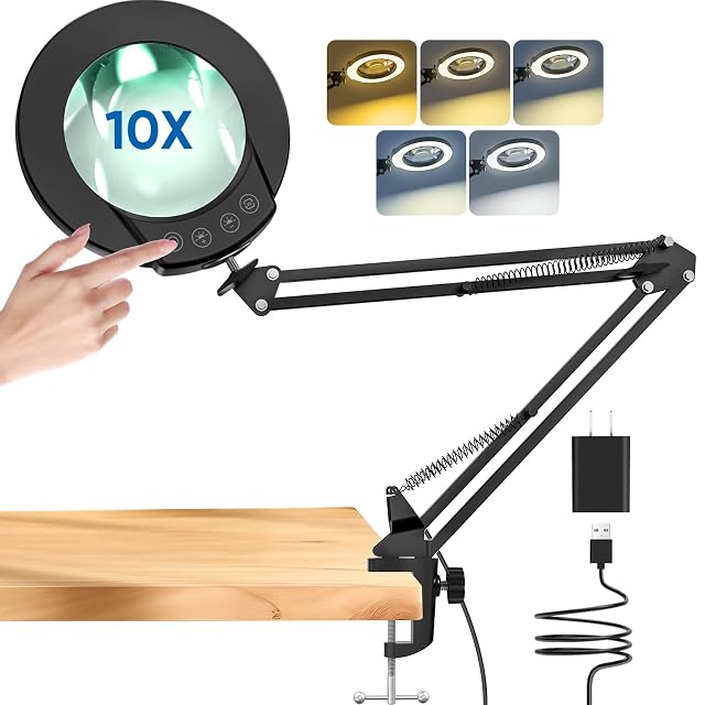 Lampe loupe à pince noire mandland avec lentille ronde
