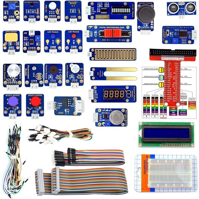 Modules Adeept disposés — boutons, buzzers, LED, joystick, capteurs à ultrasons, de gaz et d’humidité du sol — avec un écran LCD, une carte d’extension GPIO, une nappe, une platine d’essai et des fils de connexion