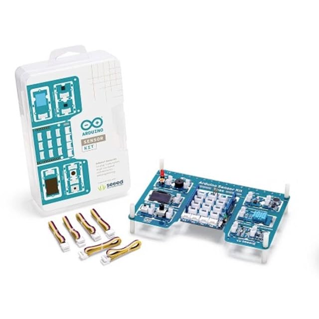 Boîte du Sensor Kit Arduino avec un logo Seeed, une carte de base portant des modules et un écran, et six câbles à quatre broches