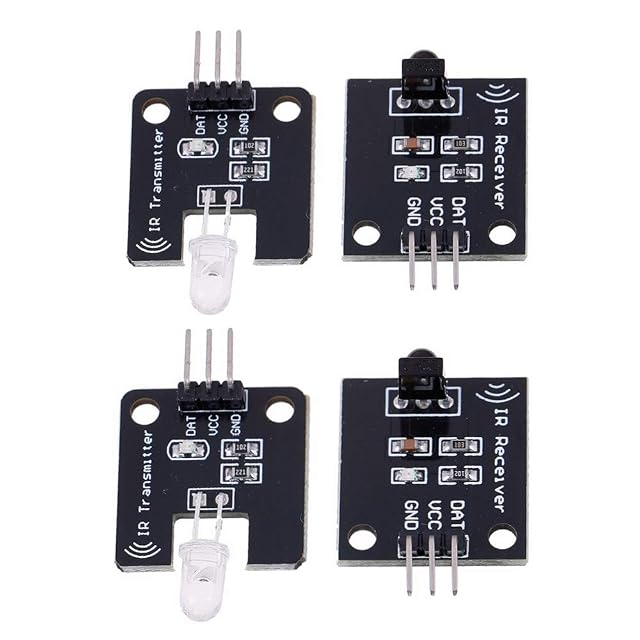 Deux cartes IR Transmitter à LED transparentes et deux cartes IR Receiver, chacune marquée DAT, VCC et GND
