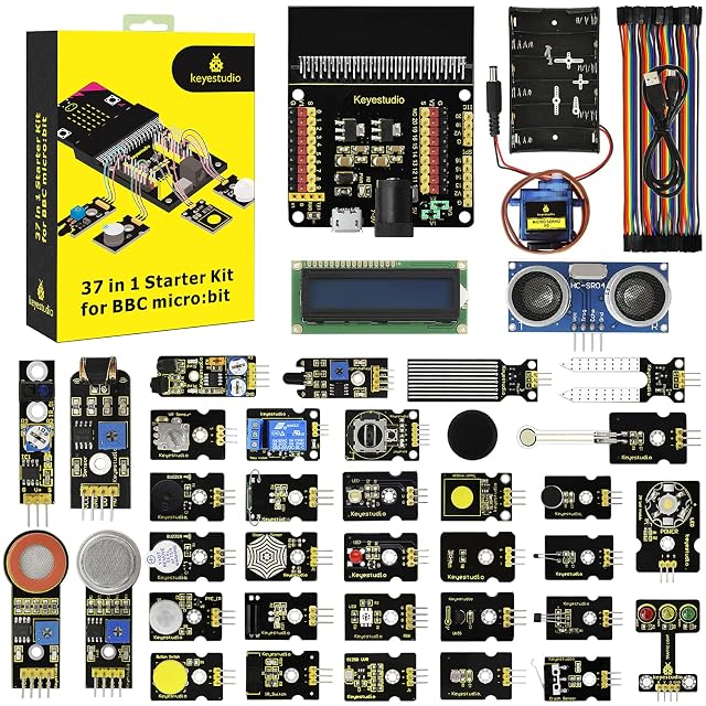 Boîte du kit KEYESTUDIO 37 in 1, shield micro:bit, boîtier de piles, micro servo, fils de connexion, câble USB, écran LCD, capteur à ultrasons et rangées de modules