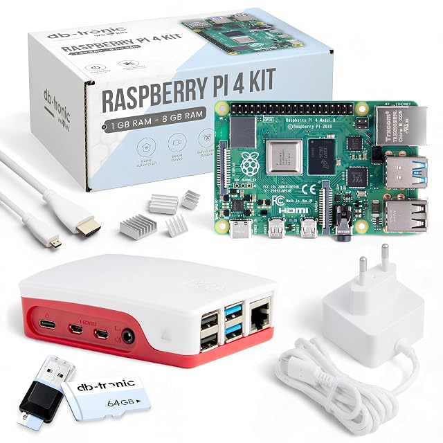 Kit de démarrage Raspberry Pi 4 db-tronic avec boîtier rouge et blanc, alimentation et câbles