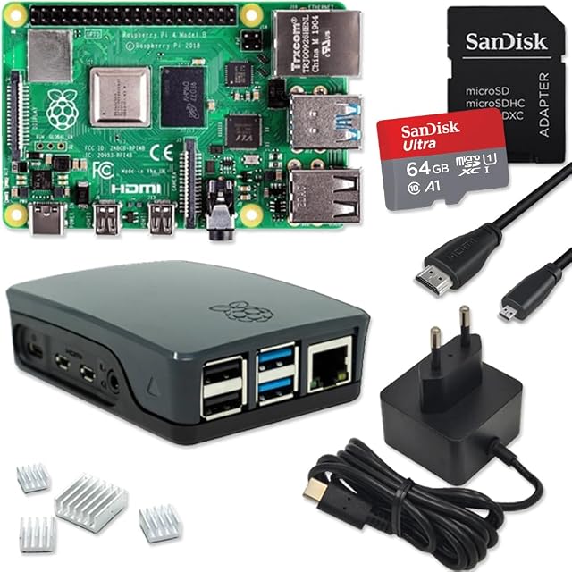 Kit de démarrage Raspberry Pi 4 avec boîtier noir, alimentation, carte mémoire et câbles