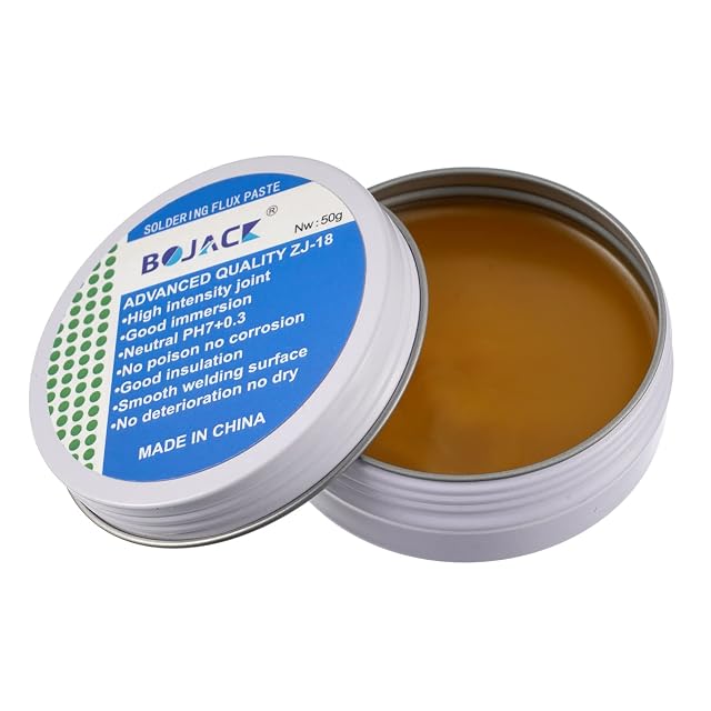 Boîte BOJACK ouverte de pâte ambrée étiquetée Soldering Flux Paste, Advanced Quality ZJ-18, Nw 50 g
