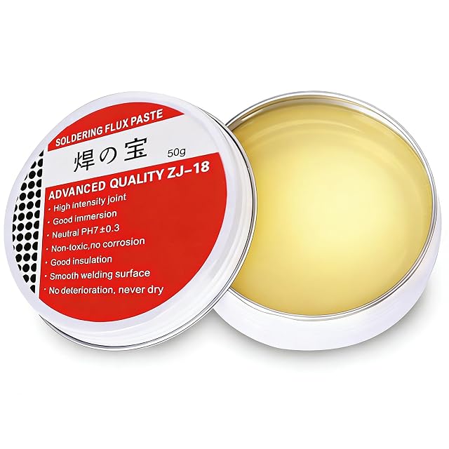 Boîte ouverte de 50 g de pâte claire étiquetée Soldering Flux Paste, Advanced Quality ZJ-18