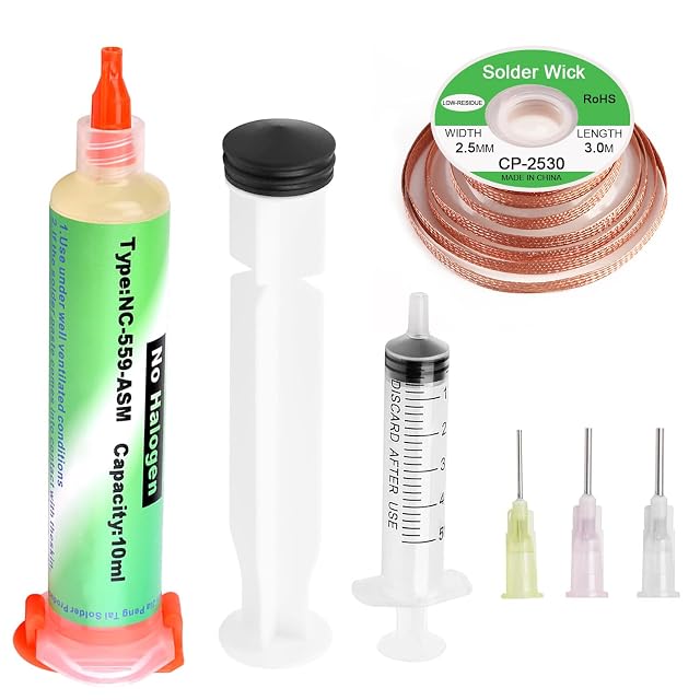 Seringue de flux NC-559-ASM de 10 ml marquée sans halogène, un piston, une seringue de 5 ml, trois aiguilles et une bobine de tresse à dessouder marquée 2,5 mm × 3,0 m
