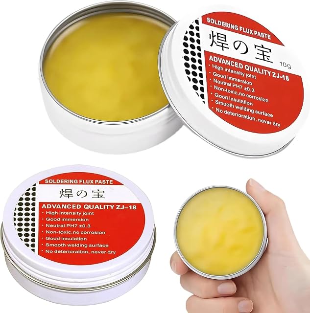 Deux boîtes de 10 g de pâte jaune étiquetées Soldering Flux Paste, Advanced Quality ZJ-18, pH neutre 7 ± 0,3