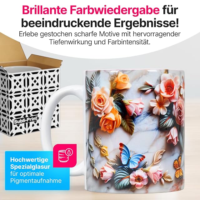 Mug blanc imprimé de roses et de papillons à côté d’une boîte Subli-Print à motifs