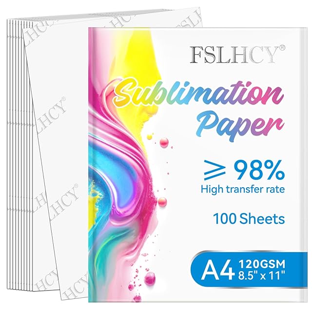 Paquet de papier de sublimation FSLHCY marqué taux de transfert ≥98 %, 100 feuilles, A4 120GSM et 8.5 × 11 in, feuilles au dos marqué du logo