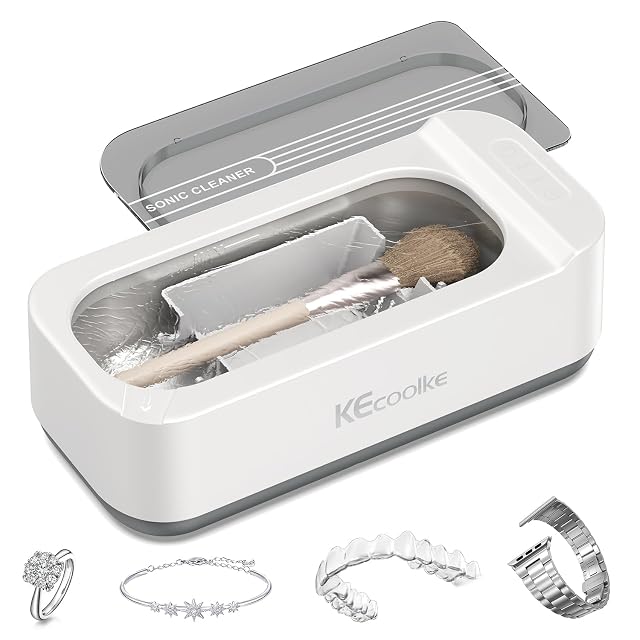 Nettoyeur à ultrasons compact blanc KECOOLKE SU-707A avec son couvercle gris relevé