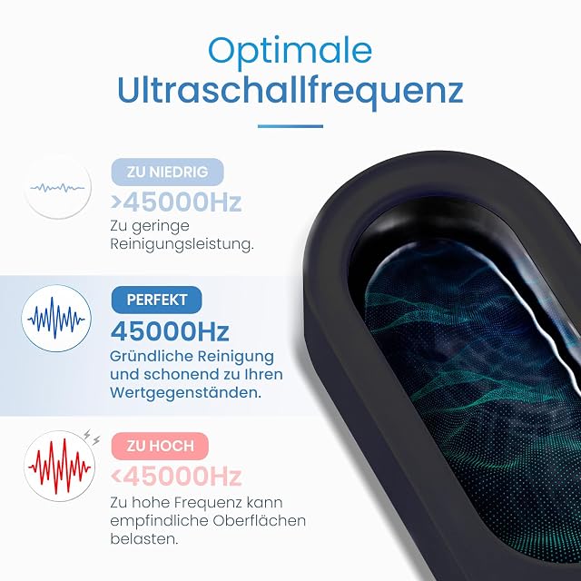 Gros plan sur la cuve du nettoyeur à ultrasons noir mfa à côté d’un graphique de fréquence