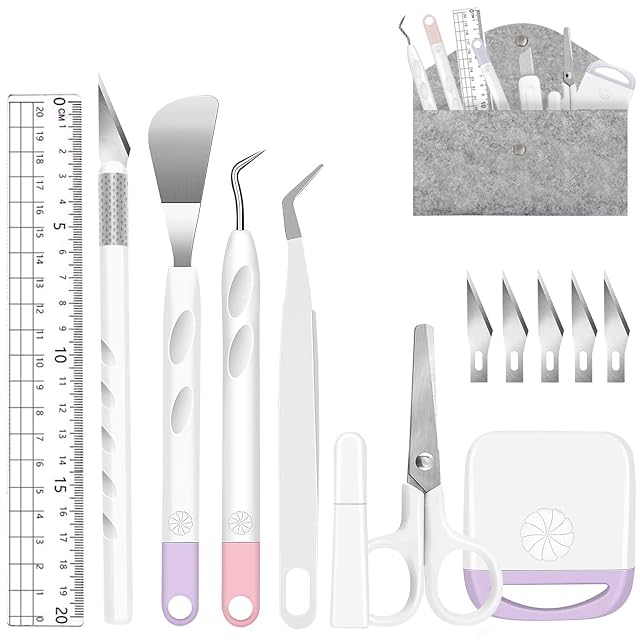 Règle, cutter, spatule, crochet, pince, ciseaux avec capuchon, grattoir, cinq lames et une pochette en feutre